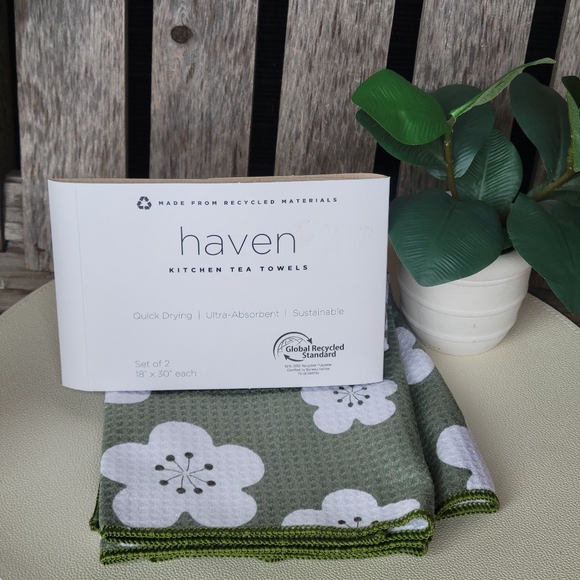 Haven QUICK DRY White Floral Green Tea Towels set of 2 - Picture 10 of 12